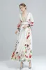 Women's Runway Dresses Sexy Low V Neck Long Sleeves Split Front Floral Printed High Street Fashion Long Designer Dresses