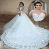 Robe de mariage Arabic Wedding Dress 2019 Sheer Neck Long Sleeves Ball Gown Chapel Train Appliques Tulle Bridal Gowns