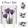 4 PCS Flanelle Surface Tapis De Salle De Bain Rideau De Douche Tapis Antidérapant Couvercle Couverture De Toilette Tapis De Bain Ensemble Fleurs Violettes Imprimer Décor Maison T20072938