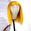 Żółta fala bob brazylijski włosy koronki przednie peruki 13x4 preusted krótki proste syntetyczne peruki Bob dla czarnych kobiet wybielacz