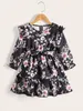 Toddler Girls Floral Print Flounce Sleeve Ruffle Hem Belted Dress SHE