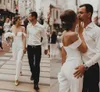 2021 White Satin Jumpsuits Wedding Dresses Off The Shoulder Open Back Vestidos De Novia Formal Party Dress For Bride Maid Of Honor Gowns