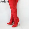 Sorbern parlak kırmızı orta uyluk yüksek botlar kadın yüksek topuklu sivri ayak parmakları, ön taraftaki fermuarlar özel geniş fit uzun bot