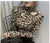 Nouveau col montant femme sexy évider découpe imprimé léopard moulante tunique t-shirt grande taille automne hauts SMLXLXXL