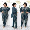 Conjuntos de calças femininas sexy de duas peças, manga comprida, gola redonda, jaqueta com miçangas de cristal e calças skinny plus size, conjunto feminino africano, ternos JN2