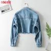 Tangada Moda Mulheres Azul Denim Jeans Jaquetas 2020 Streetwear Bolso Casual Bolsos Casaco Senhoras Curto Estilo Tops LJ200825