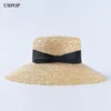 USPOP Nuovo cappello estivo da sole per le donne vintage femminile flat top cappello di paglia naturale a tesa larga cappello da spiaggia con fiocco Y200714