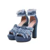 Leshion of ChanMeb Sexy High Heeled Jean Sandals Kvinnor Platform Tassel Fringe Denim High Heels Zipper Sandaler för sommar damer Y220211