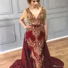 2022 Dark Red Arabic Evening Dresses with Tassel Gold Appliques Sequins Beaded Mermaid Detachable Train Evening Prom Women Gowns