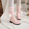 Fur Ball Bow Tie With Checkered Pattern Mid-Calf Boots Side Zipper Thick Heel Pink Women's Boots PU Shoes1