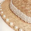 Fibonacci New Pearl Decoration Sun Hat For Women Flat Top Jazz Fedoras Panama Summer Straw Hat Kort Blue Girdle Beach Hats Y200602