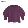 Neploe Sweet Warm All-Match O-hals Cardigan Solid Color Chic Button Sweater Women Autumn Loose Puff Sleeve Coat 201203