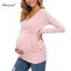 المرأة ملابس الحمل قميص الأمومة ملابس التمريض الأعلى طويلة الأكمام الخامس الرقبة البلوزات والأمومة القمم للحوامل LJ201123