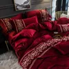 Luxury Red Purple Green Gray Blue Pink Winter Fleece Fabric Lace Embroidery Bedding Set Flannel Duvet Cover Bed sheet Pillowcase 201210