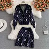 Small Fragrance Vintage Knit Two Piece Set Women Sweater Cardigan Coat Crop Top + Mini Skirts Sets Fashion Casual 2 Piece Suits 211221