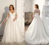 Tulle Moderne Plus Size Eine Linie Brautkleider sexy v Hals Spitze Ein Boho Garden Brautkleider mit langen Ärmeln Sweep -Zugempfang Party Kleid Braut