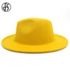 FS新しい黄色の赤いパッチワークウールフェルトフェドーラ帽子男性女性ワイドブリムパナマカウボーイトリルビーハットパーティーエレガントキャップ2010284941189