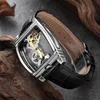 Montre-bracelets marques uniques Shenhua Transparent Troubillon Dial Geat en cuir Veille de cuir automatique Clock mécanique Relogie Masculi1297861