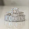 Storlek 5-10 Par Ringar Lyxig smycken 925 Sterling Silver Emerald Cut White Topaz CZ Diamant Eternity Women Wedding Bridal Ring Set Present