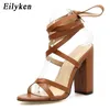 Eilyken 2020 New Summer Ankle Strap Women Sandals tall knee high Cross-tied Square heel Party Women Sandals White Brown