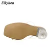 EilyKen Plus Storlek 35-42 PVC Transparent Band Square Open Toe Tofflor Nya Clear Crystal Glass Heel Slides Skor Storlek 35-42 Y0427