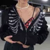 ジッパーアップゴシックブラックパーカーY2Kラインストリートストリートウェア女性秋冬特大スウェットシャツレトログランジパンクフード付きジャケット