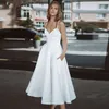 2021 Boho Satin Krótkie suknie ślubne Długość kostki Spaghetti Backless Beach A Line Bride Suknie z kieszeniami Proste Vetsidos de Novia Al8388 \ t