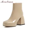 Meotina Dames Korte Laarzen Schoenen Echt Lederen Platform Super Hoge Hak Enkellaarzen Vierkante Teen Dikke Hakken ZIP Lady White 40