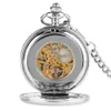 2020 New Arrival Silver Smooth Double Full Hunter Case Steampunk Skeleton Dial Mechanical Pocket Watch With Chain for Best Gifts T200502