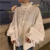 Neploe Sweet Sty Neck Doll Camisa Feminina Outono Coreano Spruff Sleeve Blusa Cruz Lace Up White Black Mulheres Top Blusas LJ200810