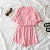 Casual Tracksuit Two Piece Outfits Side Striped Pant Set Summer Short Sleeve T-shirt + Hög midja Shorts Lila Matchande uppsättningar