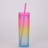 16 Oz Gradient Color Tumblers with Lids and Straws Reusable Rainbow Skinny Tumblers for Summer Party Juice Drinks