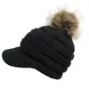 Gehaakte Baseball Cap Skimuts Vrouwen Winter Warm Gebreide Muts Pom Pom Bont Sneeuw Ski Caps Met Vizier Beanie drop279E