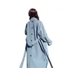 Elegant Blue Thin Trench Coats For Women 2020 Back Button Design Korean Long Overcoat Casual Women's Windbreaker Manteau Femme T200811