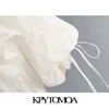 kpytomoa女性甘いファッションフリルクロップドブラウスヴィンテージvネック縛られた半袖女性シャツBlusas Chic Tops LJ200811