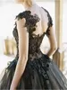 Retro Black Tulle A Line Wedding Dresses Glamorous Applique Beaded Sweep Train Boho Hippie Bridal Formal Dress Backless Cap Sleeves Second Reception Dress AL9799