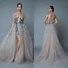 Sexy Berta High Slit Silver Prom Dresses Bohemian Style Backless Straps With Navy Lace Beaded Long formal Evening Gowns Fitted Cocktail Party Wear