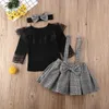 1-6y criança criança menina bebê roupas conjunto preto luva longa laço camiseta tops + xadrez ruffles saias macacões primavera garota trajes lj200916