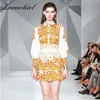 Runway Designer Golden Print Suit Höst Kvinnor Lantern Sleeve Topp + Hög Waist Broderi Hem Mini Skirt Två Pieces Set T200702