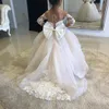 Stock 2-14 Years Lace Tulle Flower Girl Dresses Bows Children's First Communion Dress Princess Ball Gown Wedding Party Dress C072213