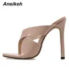 Aneikeh Fashion Pu Slippers Summer Summer Scise Peep Toed Thin High Heel Slibe On Round Toe Slides女性Mulesアプリコットサイズ35-40 Y200423 GAI