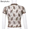 Dames T-shirt Bruin Vintage Y2K Kant Crop Top Korte Mouw Zien door Sexy Mesh Vrouw Tshirts V-hals Up Bloemen Kawaii Kleding Haal