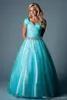 Robe de bal bleu sarcelle robes de bal modestes avec manches longues longueur au sol cristaux froncés scintillants adolescents robes de soirée formelles modestes Sh308q