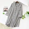 100% katoenen dunne nachtdress vrouwelijke zomer gestreepte longsleved Koreaanse losse comfortabele casual vrouwen jurken camisones para dormir t200429