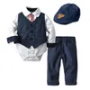 Erkek Bebek Kravat Örgün Giyim Yelek Romper Suit 9 24 Aylar için Bebek Şapka Suits Whiteed Parti Doğum Günü Çocuk Beyefendi Giysileri LJ201023