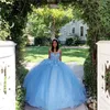 2021 Tulle Sky Blue Ball Gown Quinceanera Klänningar Lace Appliques Sweet 16 Plus Storlek Party Prom Evening Gowns Custom Made QC1524