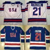 Thr # 21 Mike Eruzione Jersey 1980 Miracle on Ice Hockey Jersey Mens 100% gestikt borduurwerk S Team VS Hockey Jerseys Blauw wit