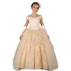Elegant Light Champagne Long Flower Girls Dresses For Wedding Party Off The Shoulder Lace Appliques Princess Prom Pageant Gowns Toddler Kids Communion Dress