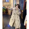 Fitaylor Winter Women Real Fur Collar Hooded Long Down Coat Double Breasted 90% White Duck Down Parka Windebreaker With Belt 201023