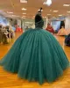 Donkergroene quinceanera -jurken ruches sprankelende pailletten kralen spaghetti banden tule sweet 16 optocht baljurk op maat gemaakte formele ocn vestidos 403 403